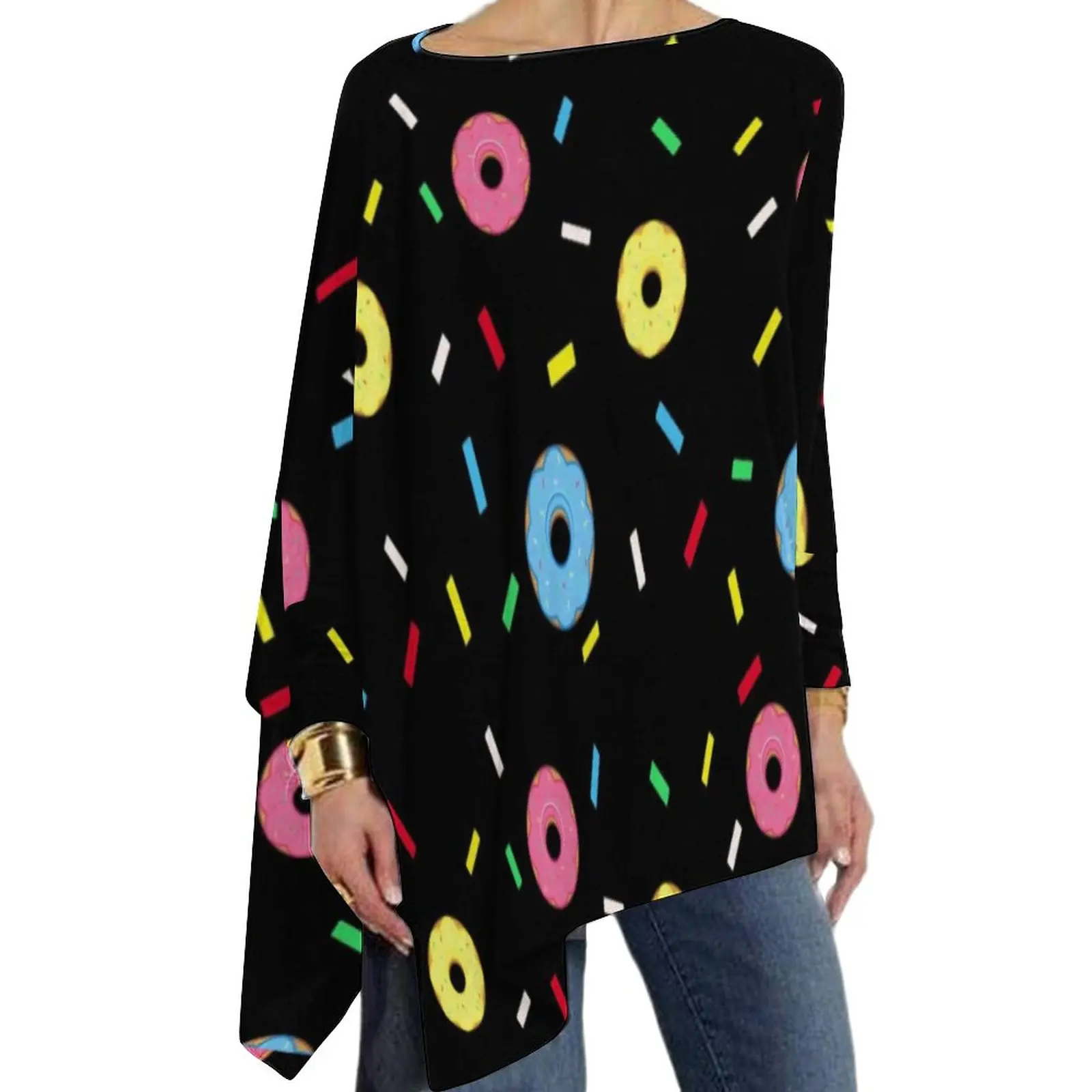 

Doughnut Pattern T-Shirt Sweet Food Print Pretty Long Sleeve T Shirts Female Loose Tee Shirt Oversized Graphic Tees