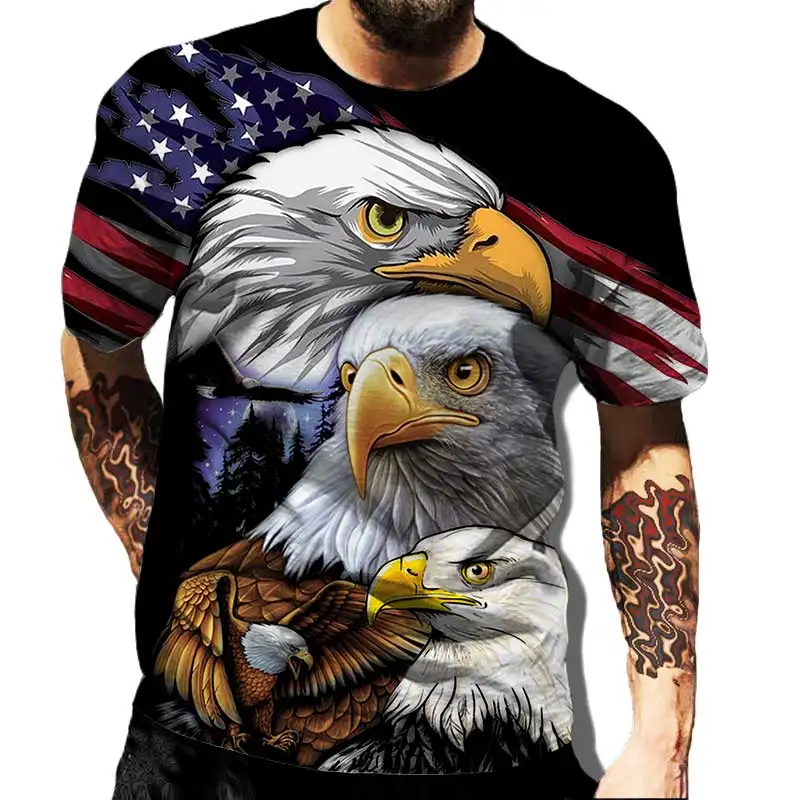 

T-shirt col rond pour homme et femme, surdimensionné, à la mode, avec drapeau américain, aigle, loup, dinosaure, imprimé en 3D