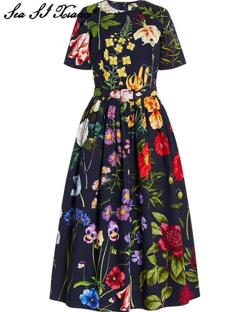 

Женское винтажное вечернее платье миди Seasixiang, дизайнерское летнее платье из 100% хлопка с круглым вырезом, коротким рукавом, поясом и цветочн...