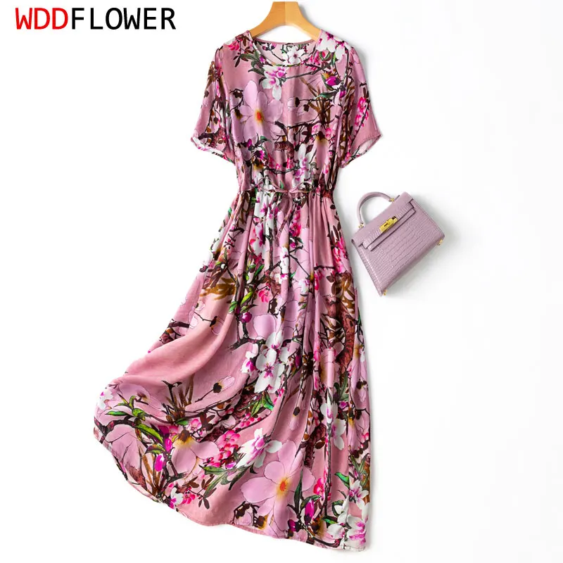 

Женское платье средней длины с цветочным принтом, розовое платье из 100% натурального шелка с подкладкой, коротким рукавом, круглым вырезом и поясом, MM215