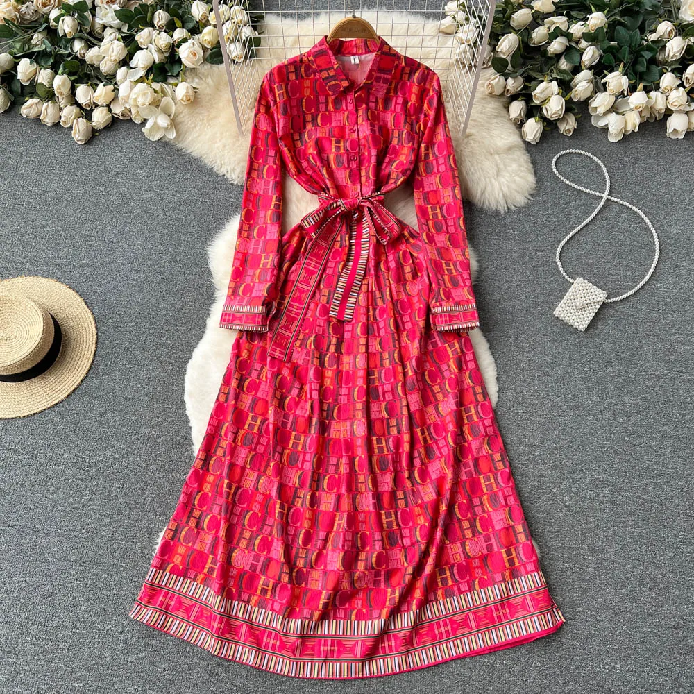 Spring Fashion Letter Print Red Vintage Maxi Dress Women Long Sleeve Turn Down Neck Lace Up Belt A-Line Party Robe Vestido A7100