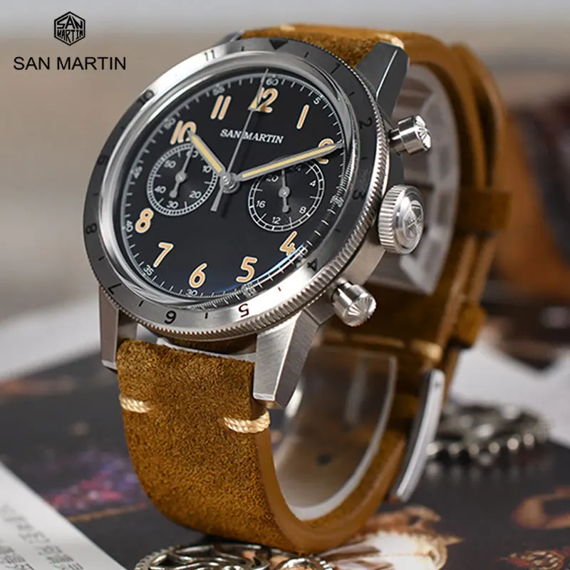 

San Martin Classic Retro Pilot VK64 Chronograph Mens Quartz Watch Bidirectional Bezel Business Vintage Waterproof Luminous Clock