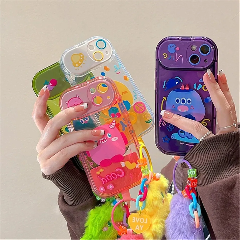 Korean Cute Plating Monster 3D Plush Pendant Phone Case For iPhone 14 13 12 11 Pro Max XR Mirror Holder Shockproof Soft Cover