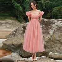 verngo a line blush pink tulle prom dresses off the shoulder ruffles sleeves midi length graduation party dress princess
