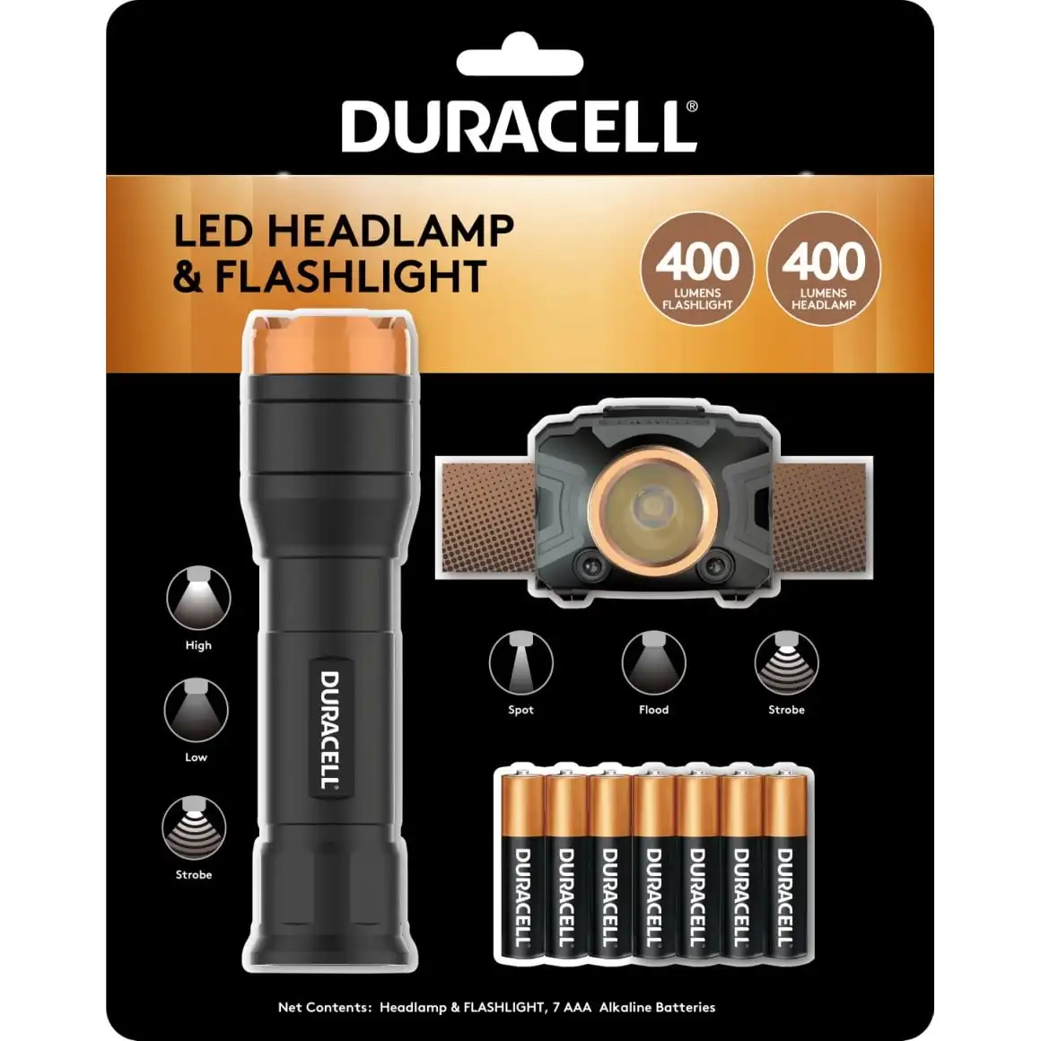 

2 Pack 400 Lumen LED Flashlight & Headlamp. 7 AAA Batteries Included.