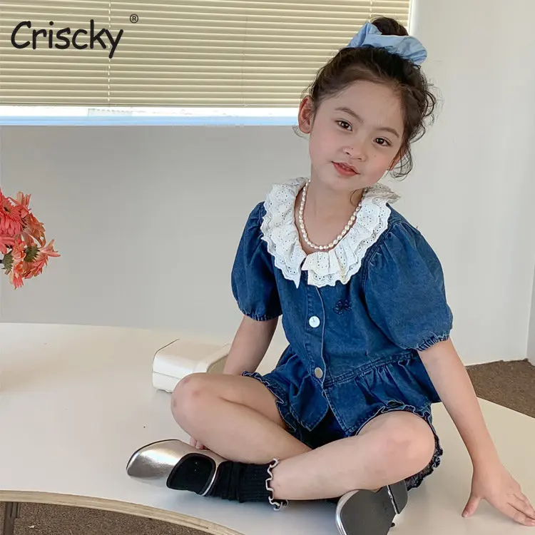 

Комплект для девочек на весну-лето, однотонный джинсовый костюм с оборками и короткими рукавами + шорты, костюмы для малышей, детская одежда ...