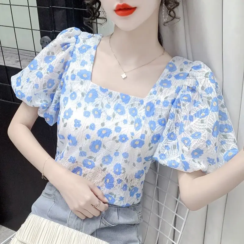 

Women 2022 Summer Retro Blouses Tops Female Floral Square Collar Camisa Puff Sleeves Chiffon Shirt New Fashion Sweet Blouse B10