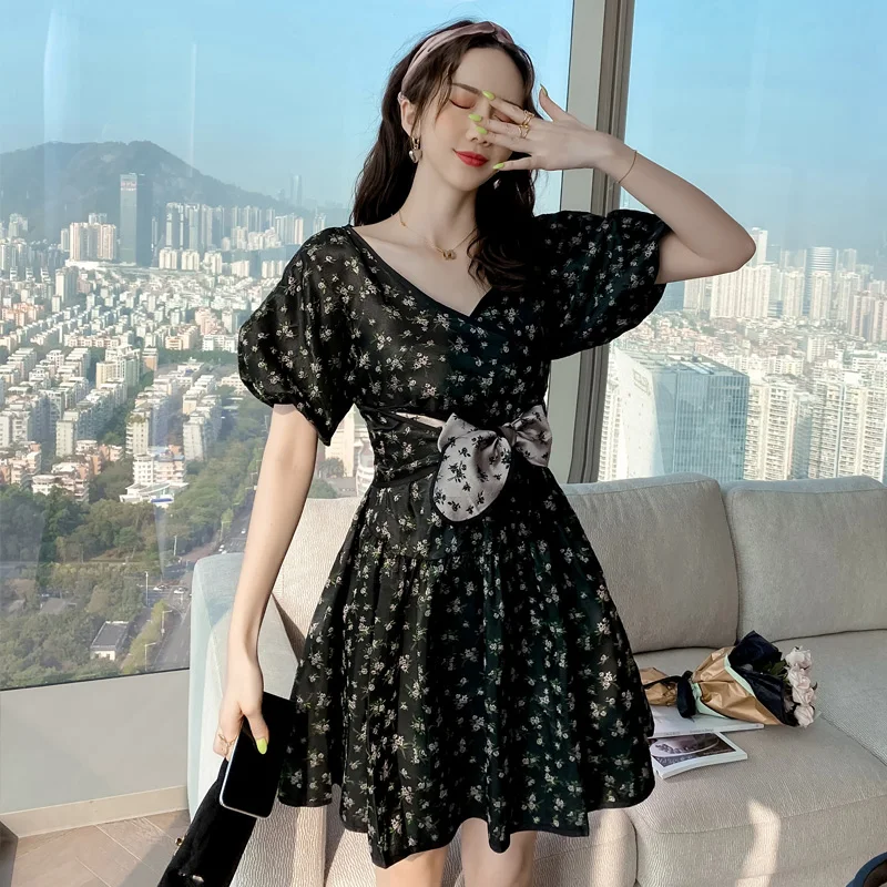 

Vintage Sweet Chic Floral Summer Dresses For Women Fashion All-Match Bubble Short Sleeve Tide Vestidos Mujer Ins 2022 New