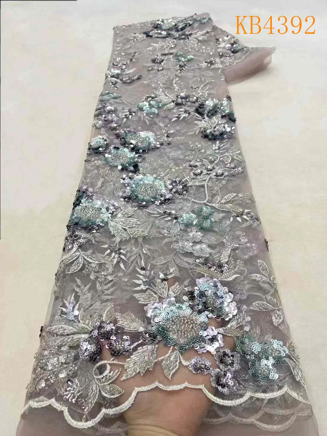 2024 Африканская розовая кружевная ткань с бисером для вышивания зелеными