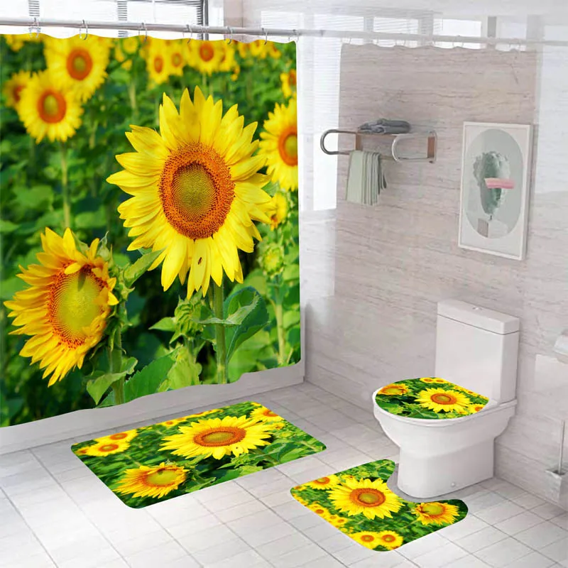 

Modern Style Flower Durable Waterproof Shower Curtain Set Toilet Seat Cover Bath NonSlip Mat Rug Carpet Bathroom Decor Washable