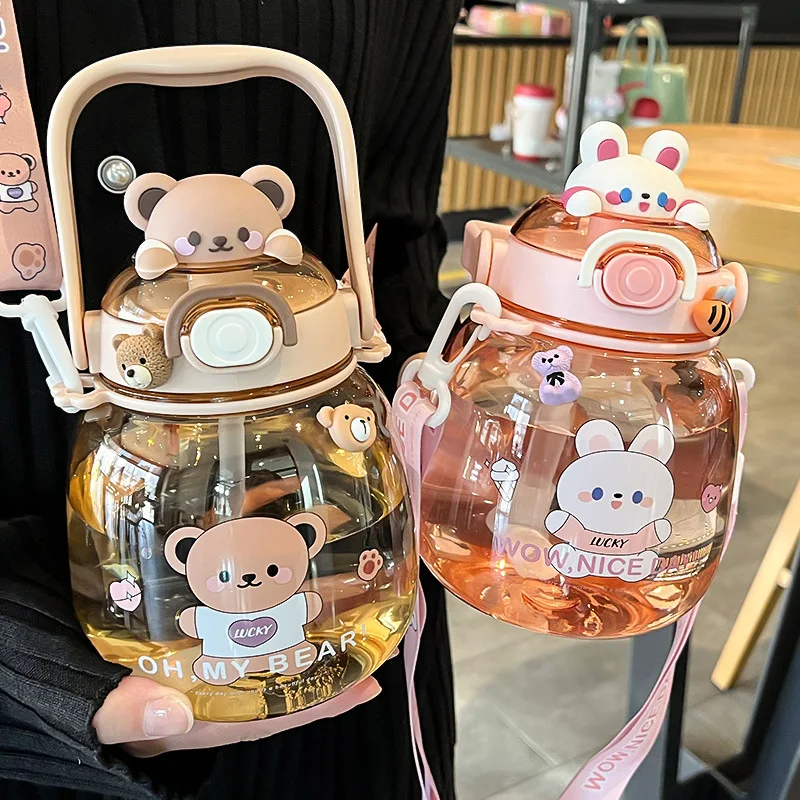 

1.3L Tumbler With Straw Cute Water Bottle For Girl Kid Large Capacity Mug Outdoor Sport Drinking Kettle Portable Kawaii Bear Cup