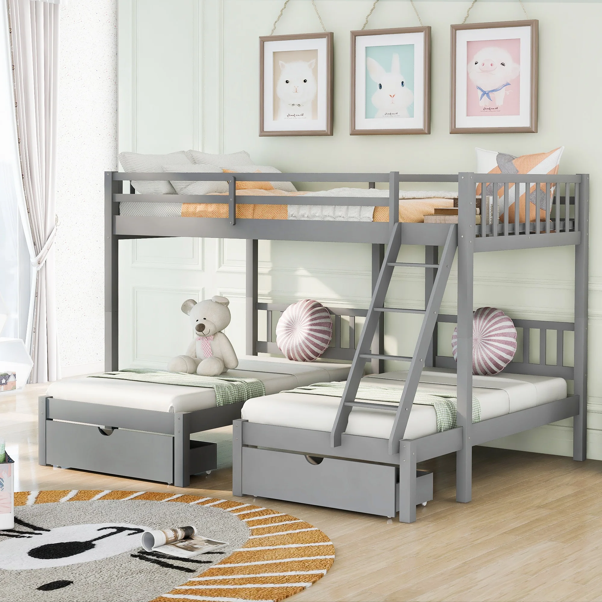 

Home Modern Wooden Furniture Bedroom Furniture Beds Frames Bases Full Over Bunk Bed Wood Triple With Drawers And Guardrails Gray