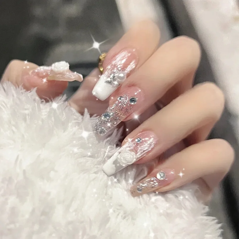 

2023 New Styles Gradient Fake Nails Press on Nail Diamond Cross Art Long Tips False Forms with Glue Stick Stickers Reusable Set