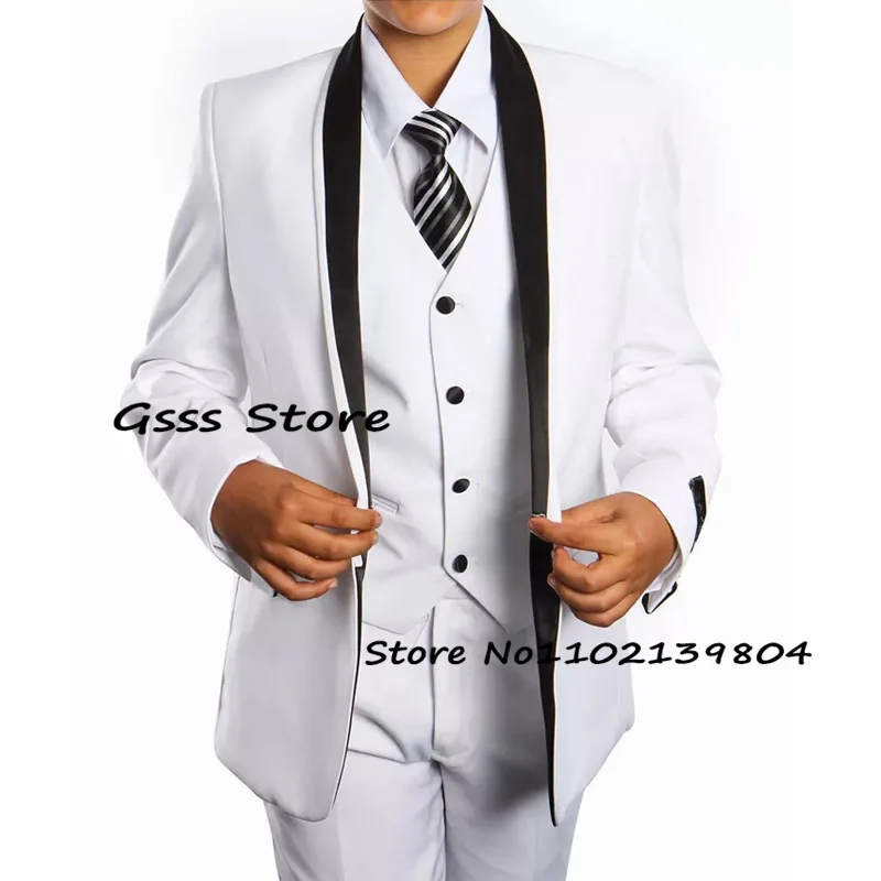 Enlarge Boys Formal 3 Piece Suit Shawl Collar White Wedding Tuxedo Kids Blazer Pants Vest Child Pants Set Full Outfit