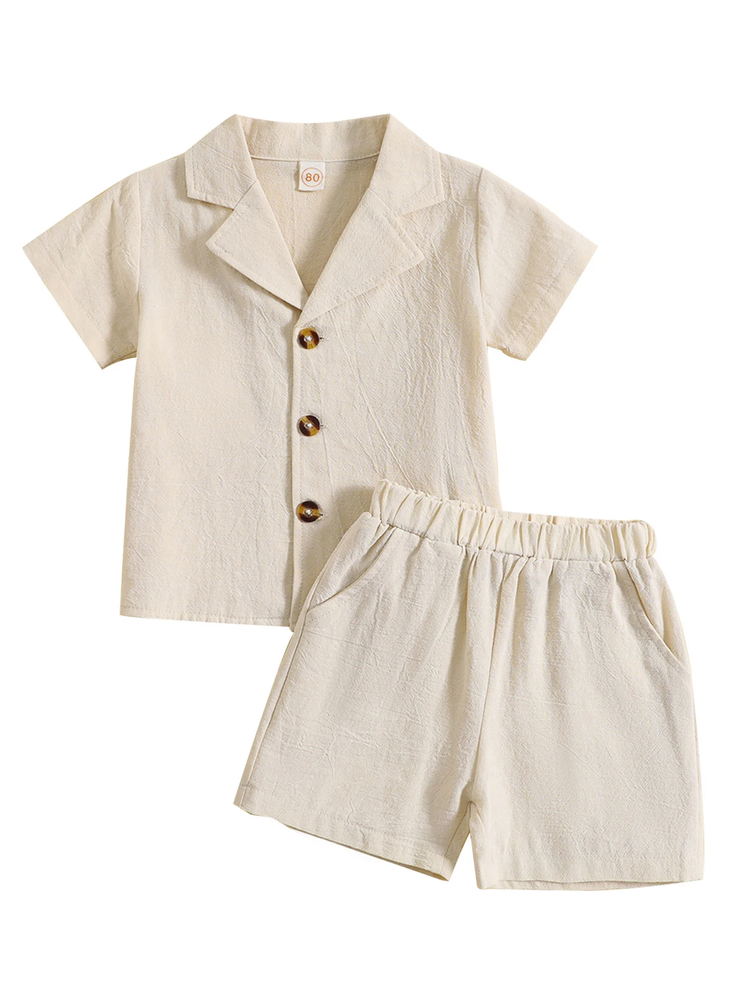 

Toddler Baby Boy Clothes Set Cotton Linen Outfit Solid Color Short Sleeve Lapel Neck Button Up Shirt Shorts Clothing (Brick