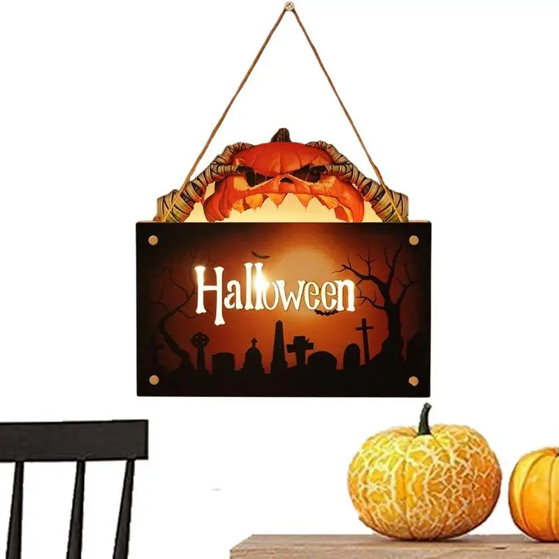 

Декор для передней двери на Хэллоуин, деревянная доска, приветственные знаки со светодиодной подсветкой, декоративный многоразовый настенный знак на Хэллоуин с тыквой, Мамия