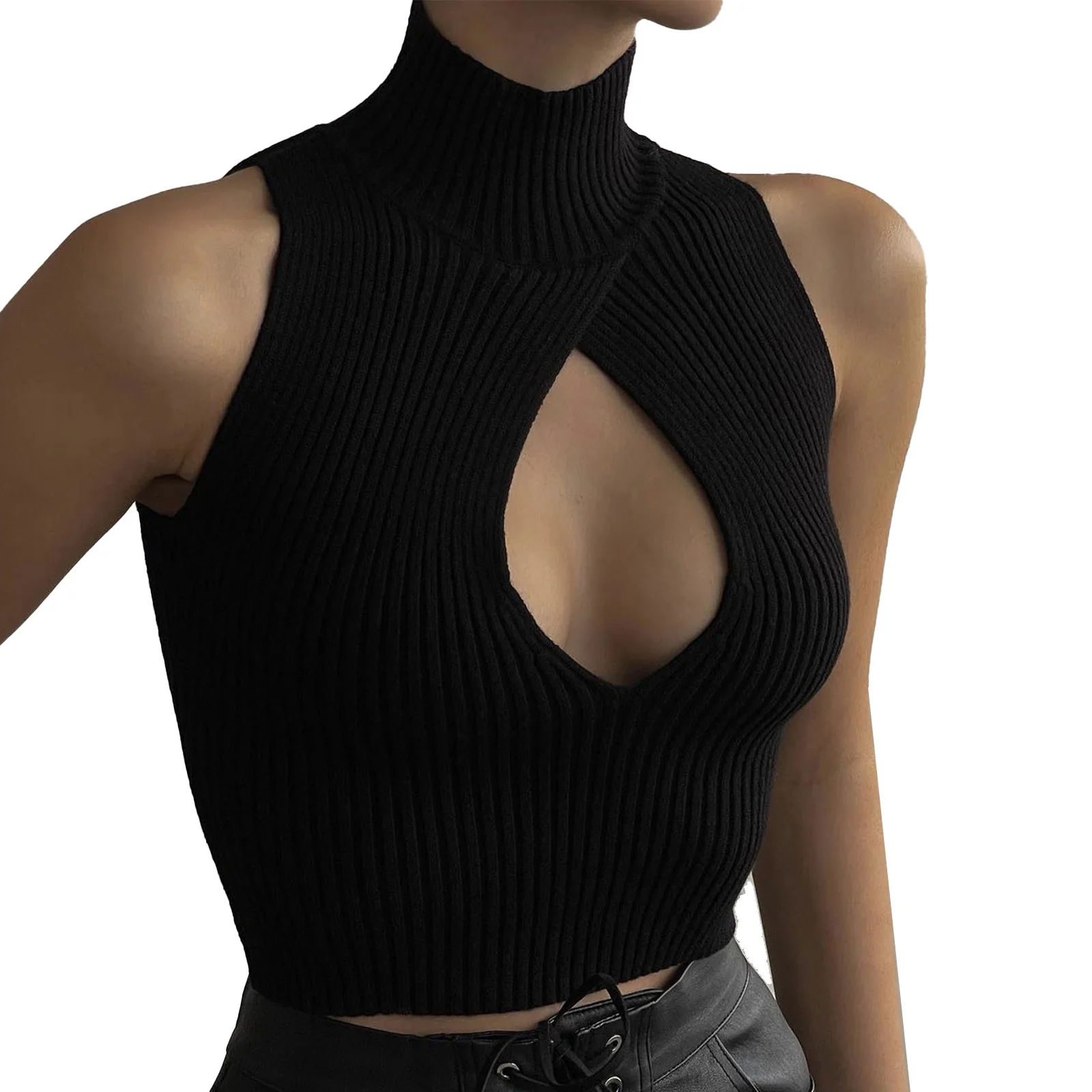 

Women Sexy Keyhole Sleeveless Crop Top High Neck Ribbed Knitted Vest Tops Y2K Solid Color Slim Fitted Knitwear Party Clubwear