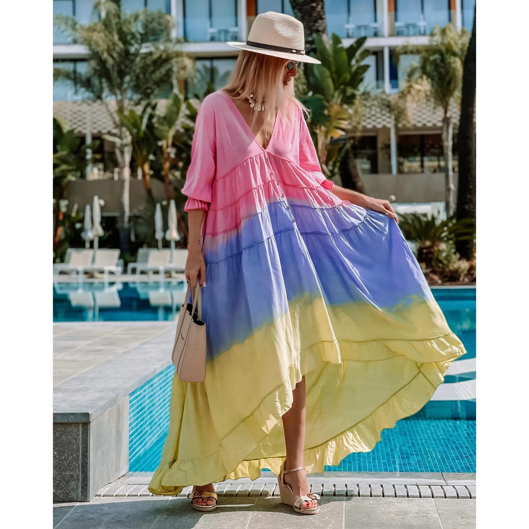 

Fashion Holiday Long Sleeve Maxi Dress Women Summer Autumn V Neck Printed Long Dress Casual Beach Button Down Female Vestidos
