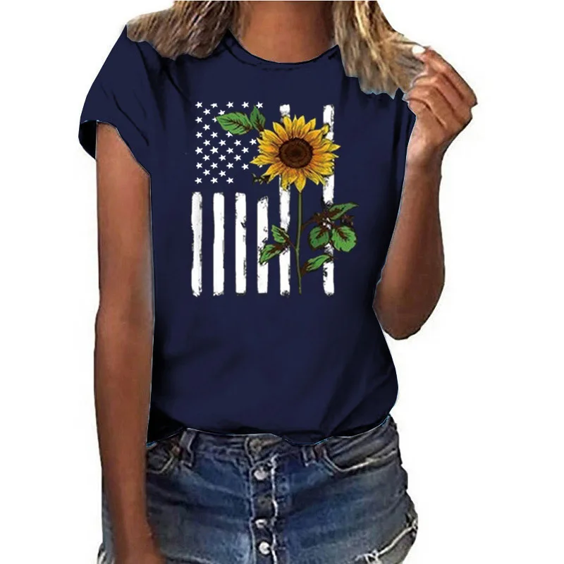 

Female short sleeve T-shirt hot European and American green leaf sunflower print fashion round neck girl T-shirt y2k clothes