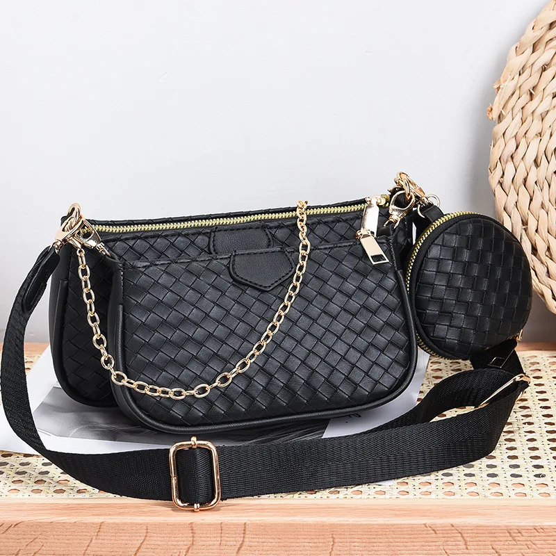 

Weaving Pattern 3-in-1 Leather Crossbody Bag Set For Women Woven Bags Luxury Chain Shoulder Bags Knitting Square Messenger Bags