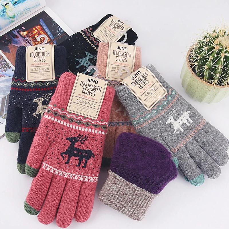 

Winter Warm Knitted Gloves for Women Wool Thick Deer Printed Full Finger Touchscreen Gloves Men Mittens Christmas Gifts