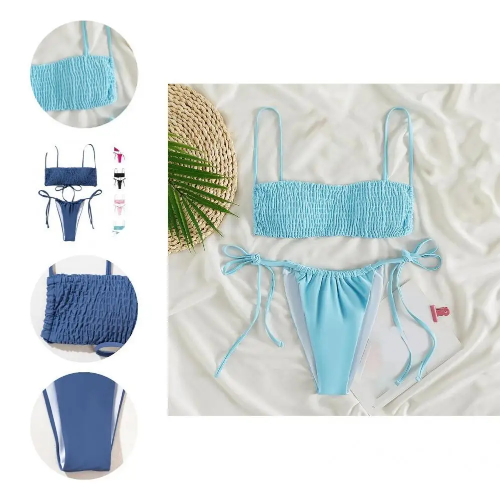 

Stylish Bra Briefs Set Spaghetti Straps Beachwear Solid Color Splitted Swimwear Bathing Suit Swimming Costume Bikini Set