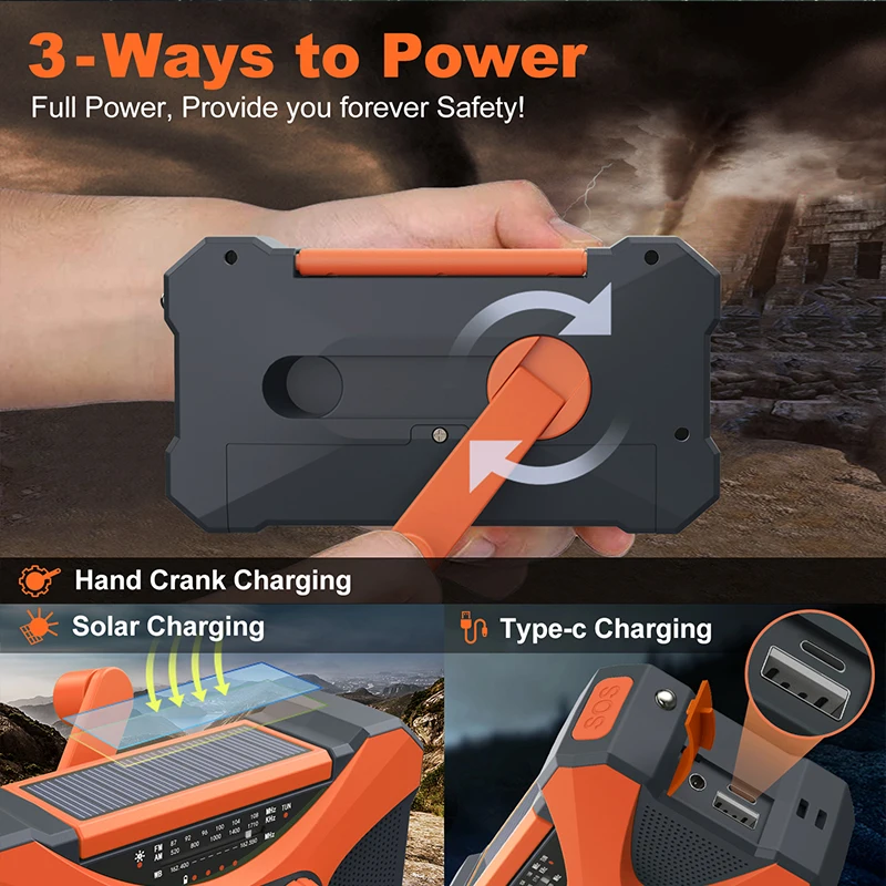 emergency radio 10000mah power bank rechargeable dual speaker stereo solar hand crank radio amfmnoaa with phone charger free global shipping