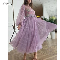 oimg bobo a line dotted tulle lilac prom dresses puff long sleeves high neck lace under garden bride party dress evening gowns