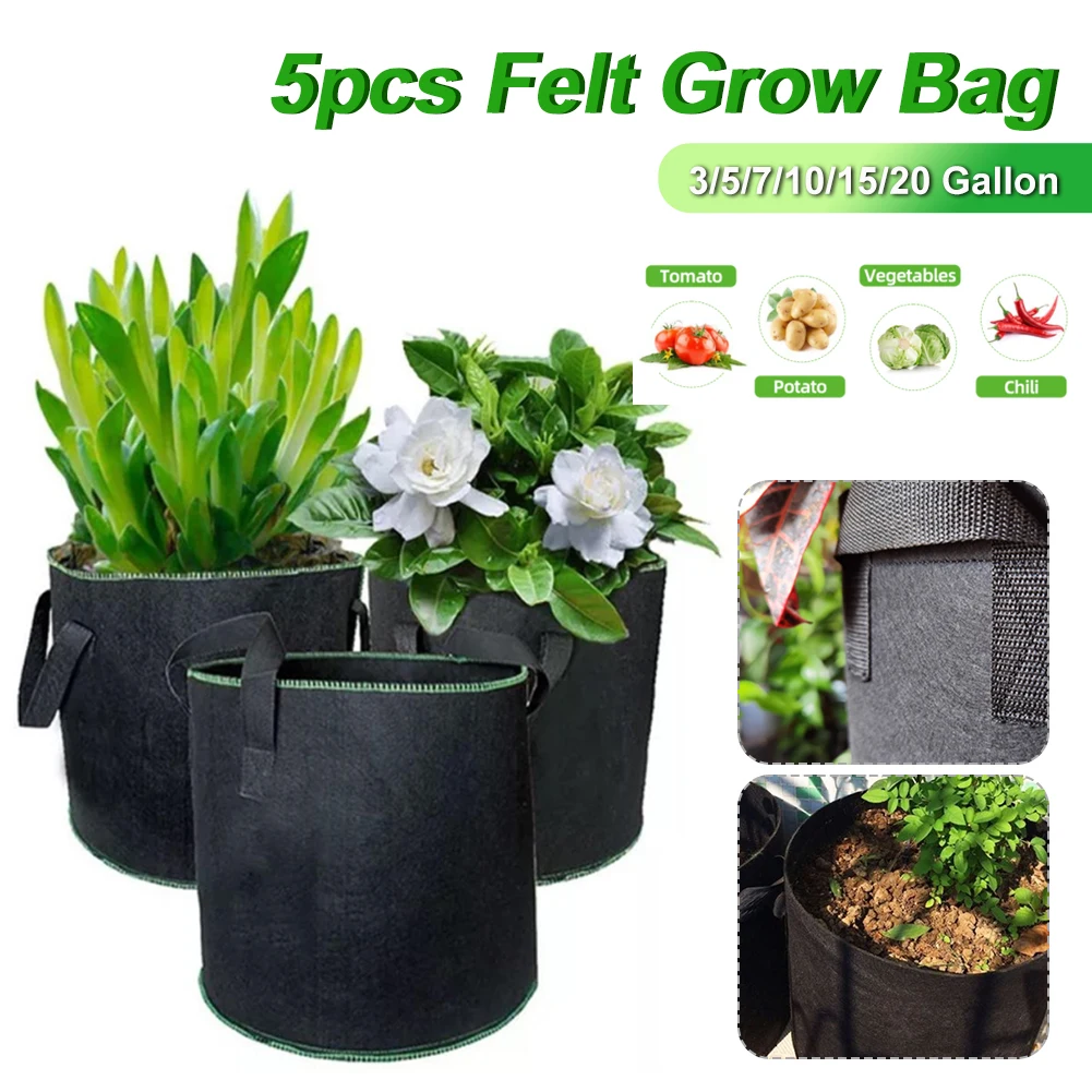 

5 Pcs 3-20 Gallon Grow Bags Felt Plant Grow Pot Potato Tomato Planting Bag Garden Vegetables Plant Bags Fabric Flower Pots