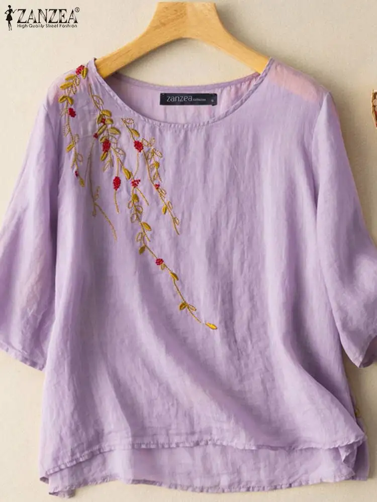 

ZANZEA Women Floral Embroidered Blouse 2022 Summer Short Sleeve Tops Tunic Shirt Oversized Vintage Loose O Neck Blusas Femininas