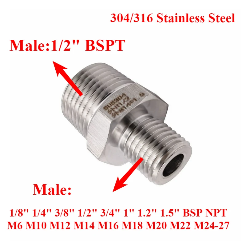 

1/2 "BSPT между мужчинами и мужчинами M8 10-27 1/8 "1/4" 3/8 "-1,5" BSP NPT шестигранная ниппельная муфта из нержавеющей стали 304, переходник для фитинга из нержавеющей стали