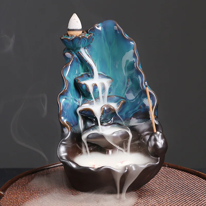 

Ceramic Lotus Backflow Incense Burner Smoke Waterfall Incense Burner Blue Lotus Backflow Aromatherapy Censer Home Office Decor
