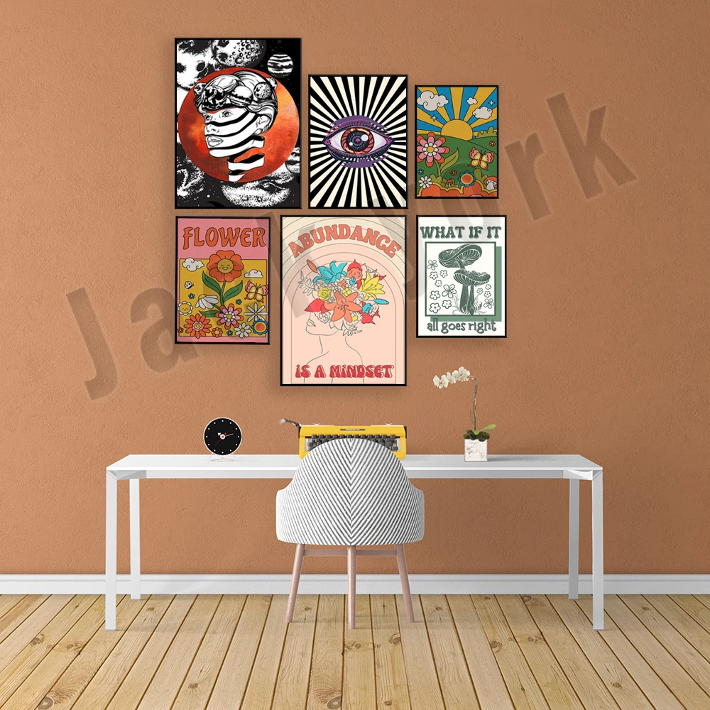 Психоделический плакат 70-х с радужным закатом знак мира в стиле хиппи сглаза