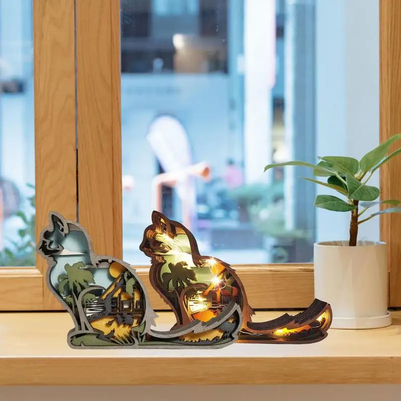 

3D Cat Hollowed Animals Figurine With LED Light Wooden Animals Desktop Ornament Hollow Crafts Cat Figurines Gift