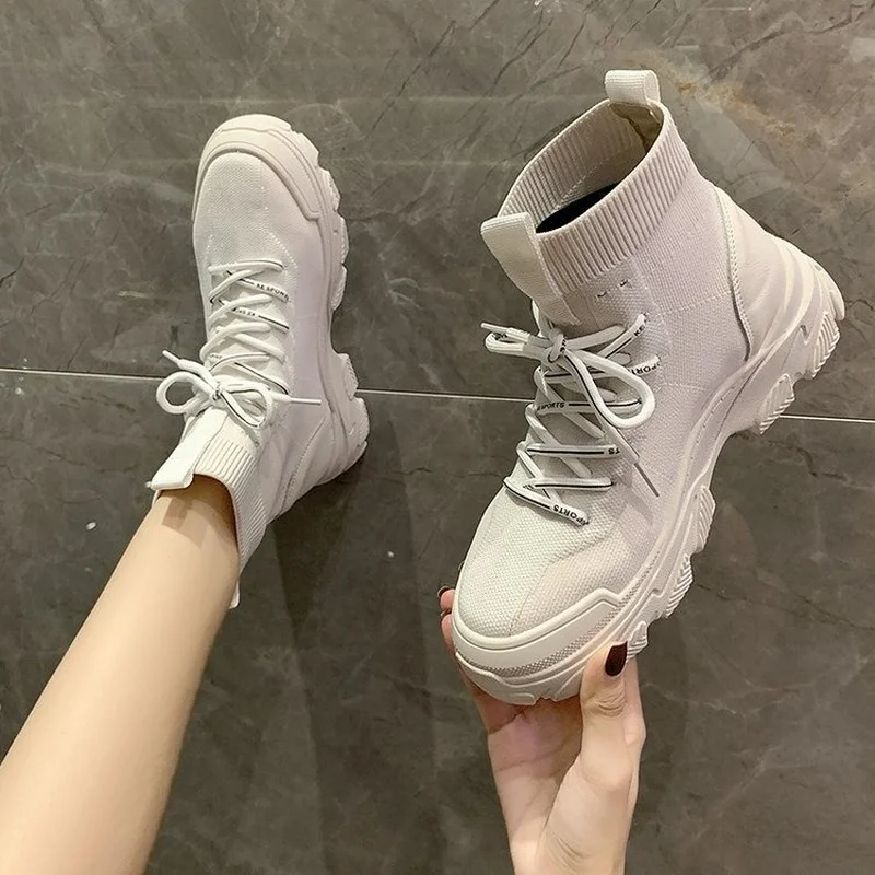 Winter Women's Ankle Boots Breathable Knitted 2022 Fashion Women's Platform Boots Lace-Up Mid Boots Women's Shoes Footwear