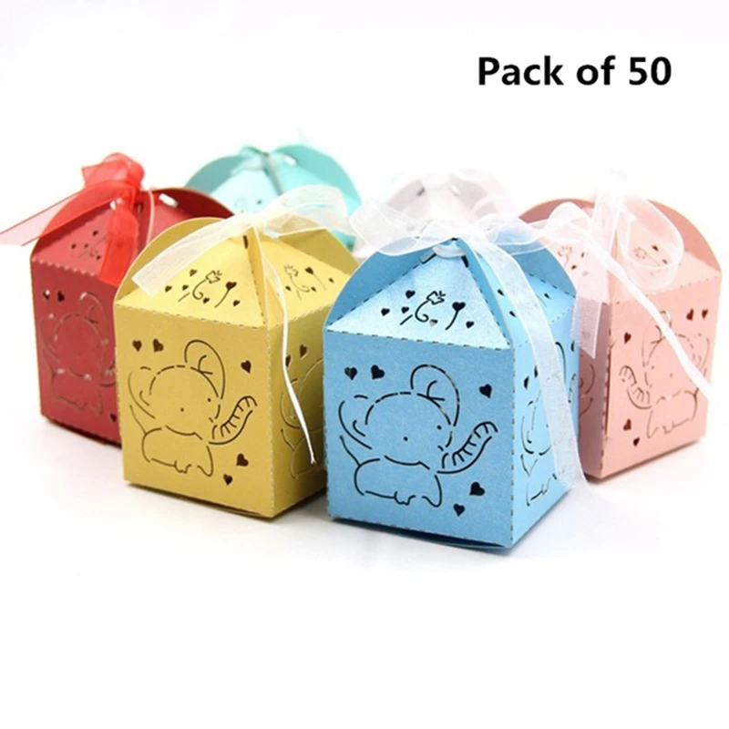 

50pcs Elephant Gifts Box Laser Cut Paperboard Packaging Baby Shower Boy Girl Wedding Bitrhday Party Candy Box Party Supplies