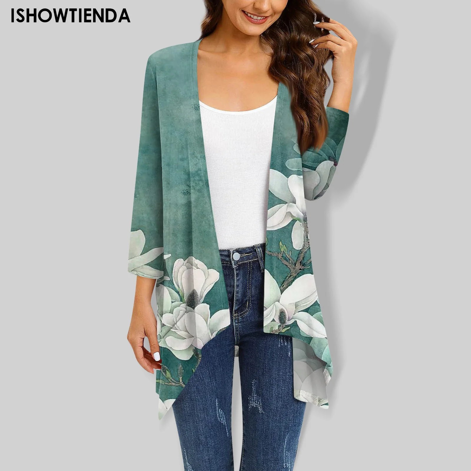 

Женское повседневное пальто, весенний кардиган с цветочным принтом, асимметричный кардиган с рукавом три четверти и карманами