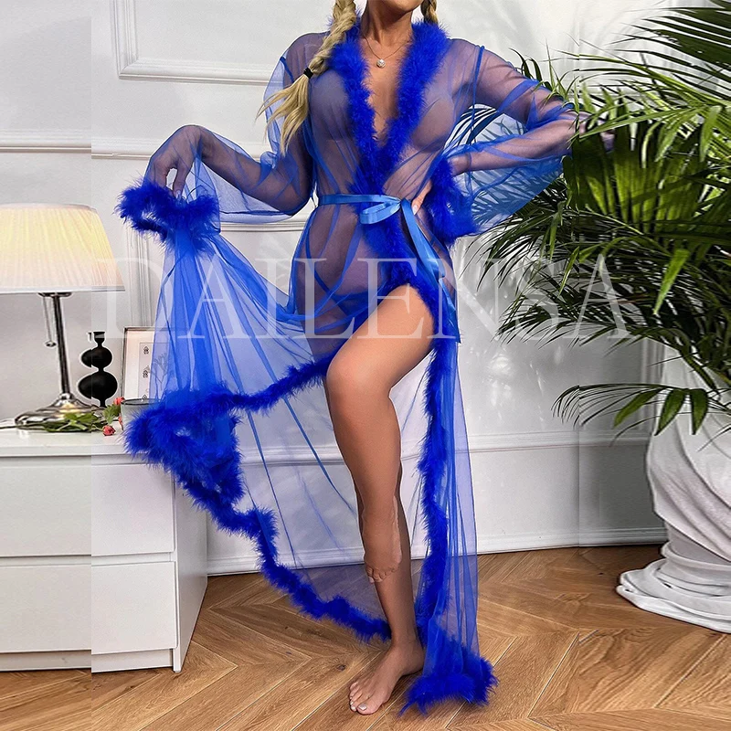 2022 new styles Long hot women Femme Fur sheer Robe lace mesh Trim Sexy Lingerie
