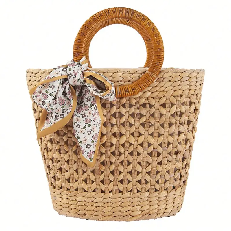 

Плетеная Летняя Пляжная модная крючком сумка ручной работы 2022070902, круглая ручка из ротанга, женские плетеные соломенные сумки с шарфом