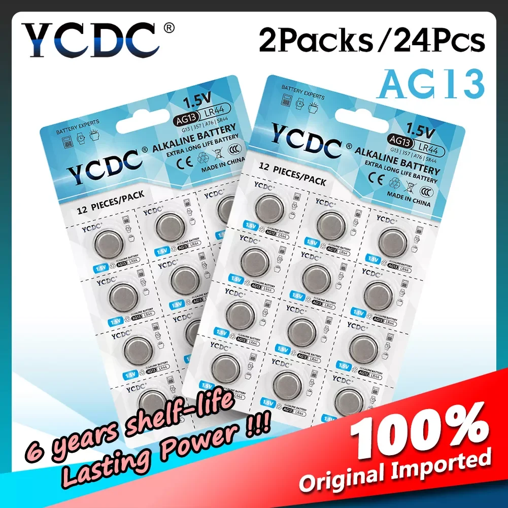 

NEW2023 YCDC 24pcs 1.5V AG13 Battery LR44 L1154 RW82 RW42 SR1154 SP76 A76 357A pila lr44 SR44 AG 13 Alkaline Button Cell Coin Ba