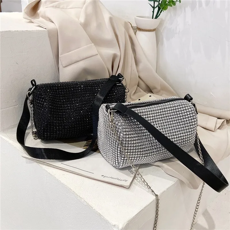 

WBS 2022 Autumn Shiny Rhinestone Women's Bucket Bag Light Diamond Handbags Chain Messenger Bag Portable Shoulder Bags