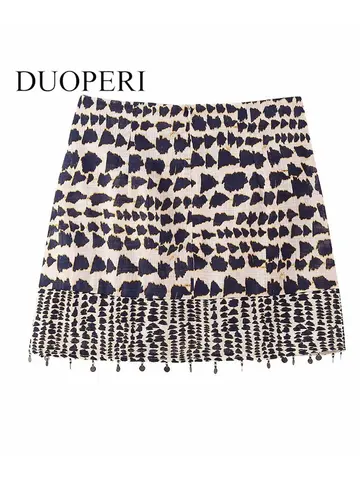 DUOPERI Women Fashion With Beading Printed Pleated Back Zipper Mini Skirts Vintage High Waist Female Chic Lady Skirts
