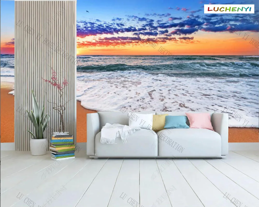 

Papel de parede Custom sunrise sunset beach waves landscape wallpaper mural,living room tv wall bedroom wall papers home decor