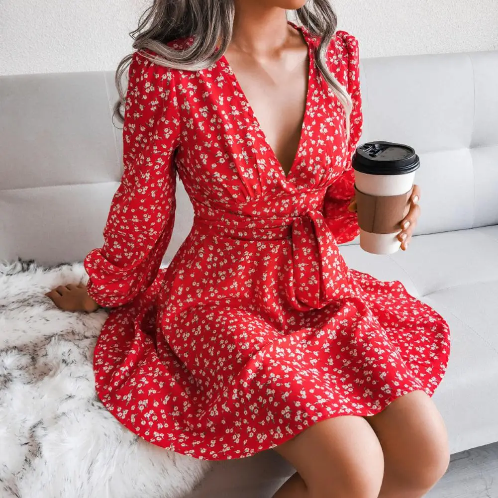 

Fashion Chiffon Dress High-Waist Skin-touch Mini Dress Sweet Floral Print A-Line Casual Short Dress