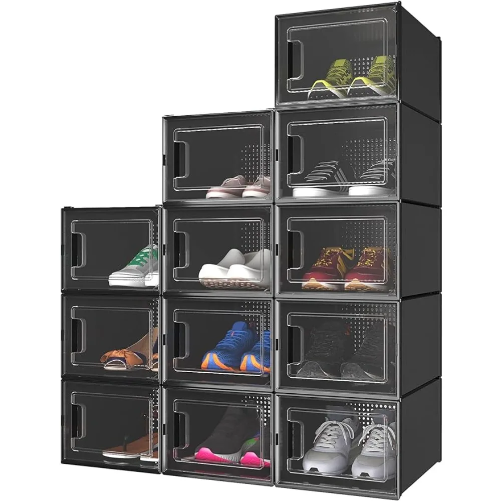 

Storage box, large 12-pack shoebox, clear plastic stackable shoe storage organizer, folding shoe rack sneaker container