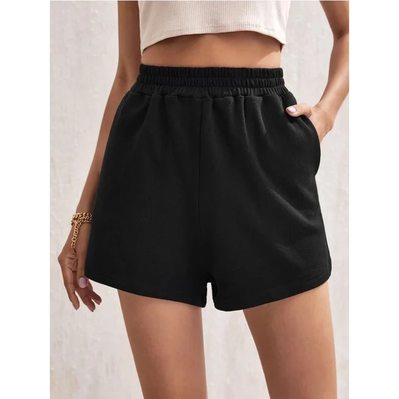

Summer Women's Sports Casual Solid Shorts Female Pockets Loose Elastic Waist Simple Wide Legs Pants