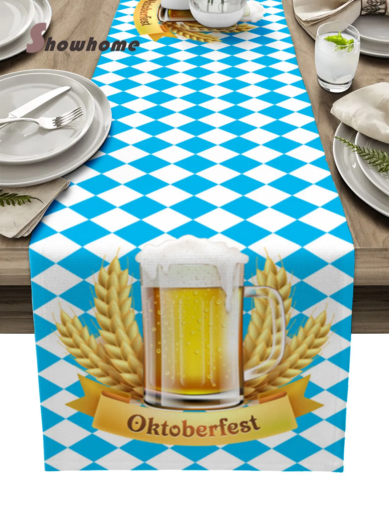 Oktoberfest Wheat Beer Plaid Table Runner Wedding Party Decor Tablecloth Christmas Dining Table Decor Table Cover
