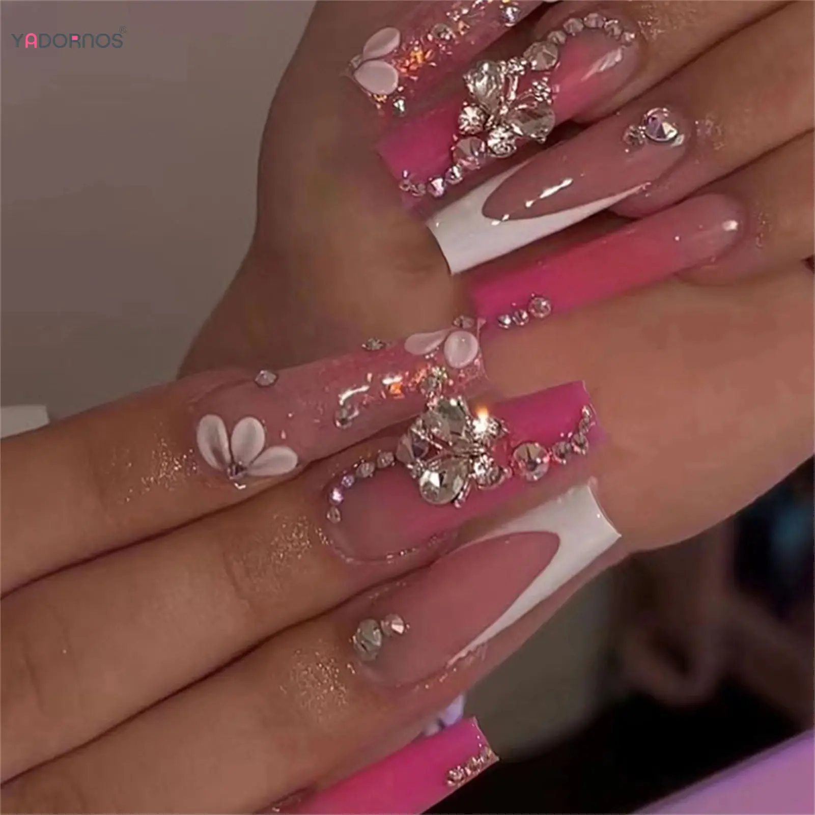 

Длинные розовые накладные ногти в форме балерины сверкающий бриллиантовый дизайн гроб накладные ногти белый французский Полный Чехол Съемный накладной ноготь