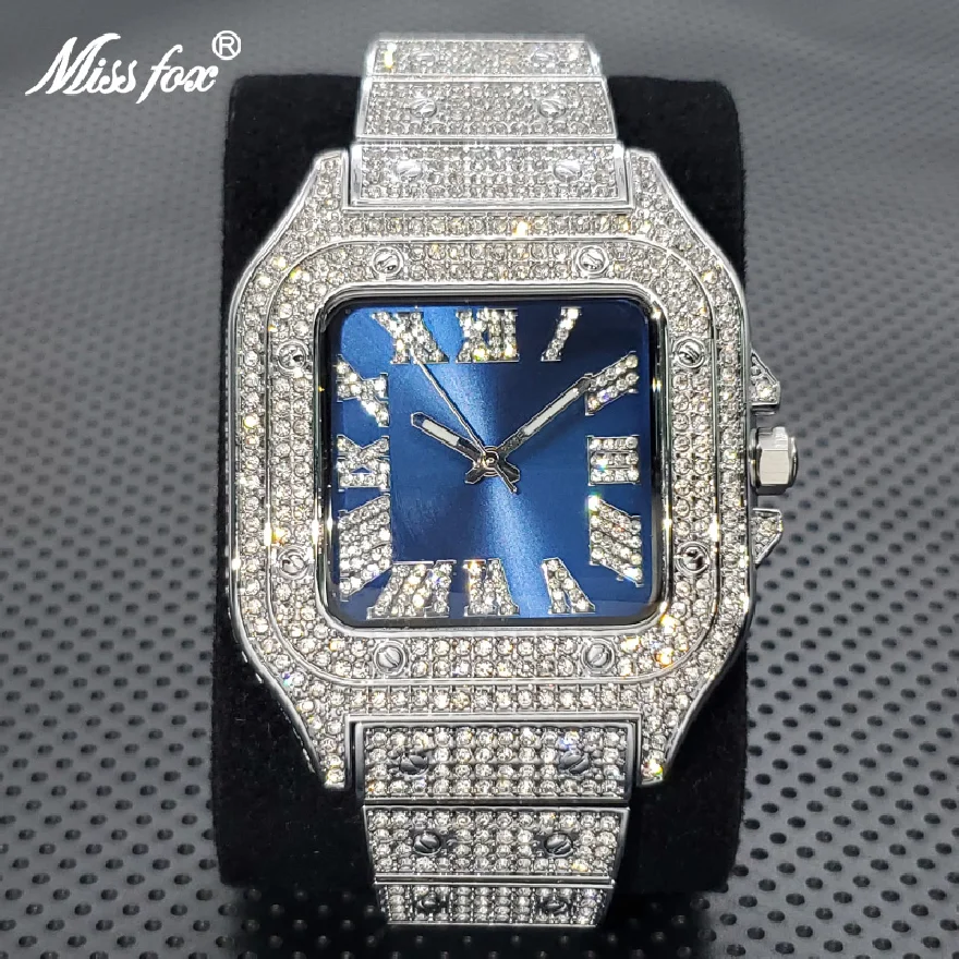 

Hot Luxury Square Men Watch Fashion Blue Dial Fully Diamond Case Quartz Watches Hip Hop Iced Out Cuban Steel Bracelet Clock Gift