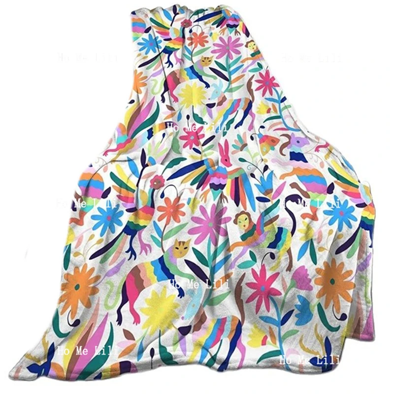 

Mexican Otomi Flowers Animals With Birds Pattern Flannel Blankets Throw Lightweight Cozy For Bedroom Living Room Sofa Couch